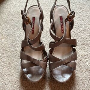 Prada Taupe Leather Strappy Slingback Heels